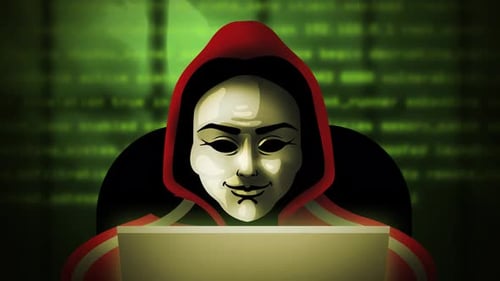 masked anonymous hacker in hoodie writing malicious code