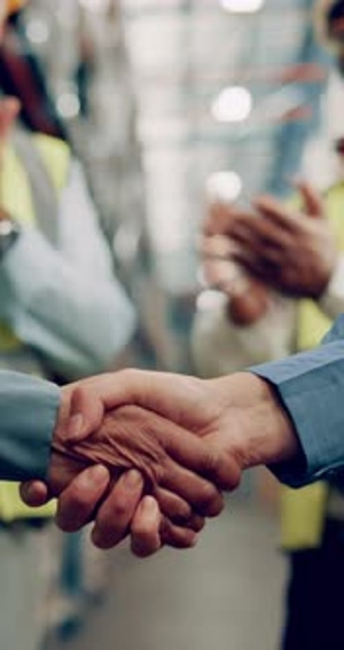 Deal, people and handshake in agreement on logistics, quality control or stock management