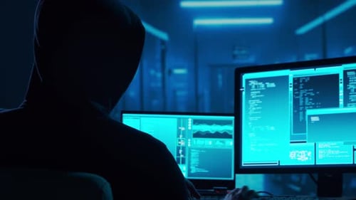 Hooded Figure Typing at Computer in Dark Room