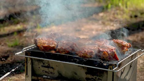 Roasting Juicy Meat Steak Marinated with Spices in Smoked Charcoals Smoke on Bbq Grid