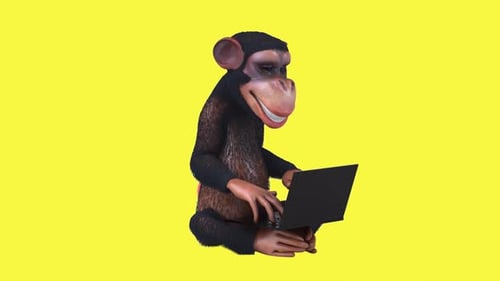 Fun 3D cartoon monkey character with a laptop (with alpha channel)