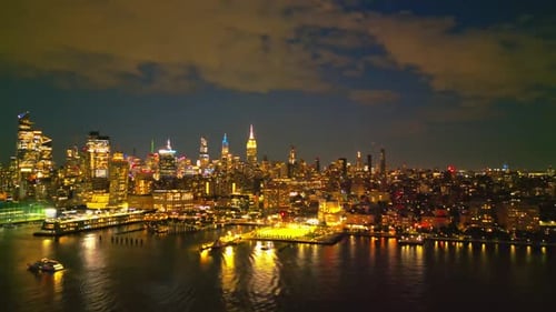 New York City Skyline at Dusk Night Aerial View NYC Near Night From Drone Famous New York City