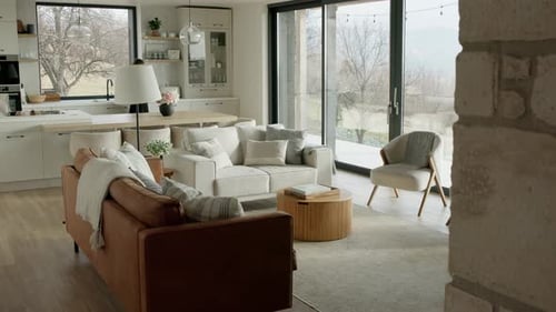 Daytime Home Interior Design With Stone Wall