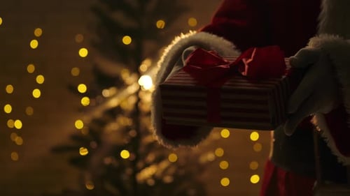 Christmas Gift Held By Santa Near a Decorated Tree
