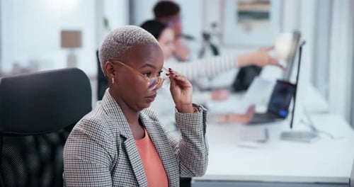 Office, work and black woman with glasses at desk for information technology