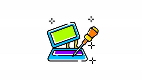 a animação do reparo do laptop é mostrada com um console de jogos azul e amarelo sendo reparado com um parafuso