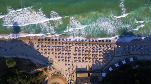 Top-down aerial video of a busy beach with rows of umbrellas and sunbeds, waves crashing along the s