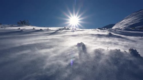 Windy Day in Frozen Winter Alps Mountains Nature with Snow Blown by Wind