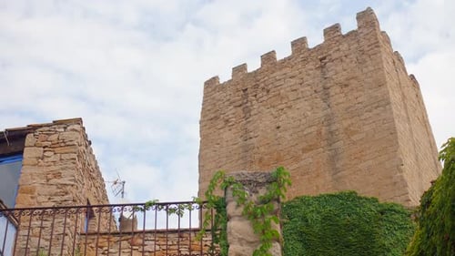 Ruins of a medieval tower in Europe is captured in a slider shot in 4K.