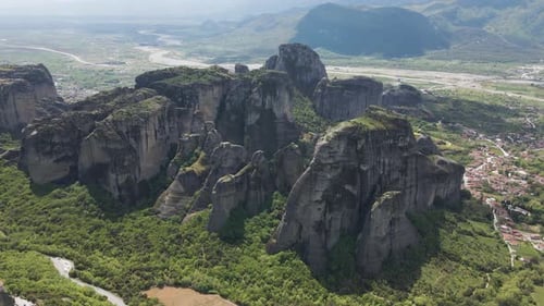 Aerial view of the landscape of Meteora, Trikala, Thessaly, Greece.