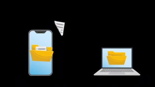 Transfert de fichiers - Animation 2D de documents transférés entre smartphone et ordinateur portable Alpha Channel