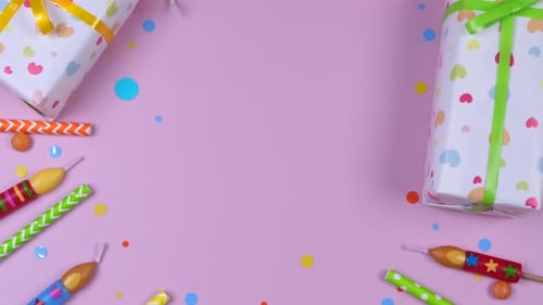 Festive Birthday Flat Lay with Gifts and Candles