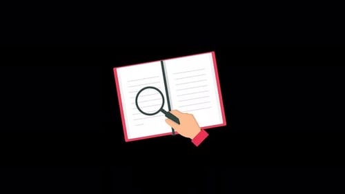 Animated Hand Holding Magnifying Glass With Book. Research and Learning Concept Video - Transparent