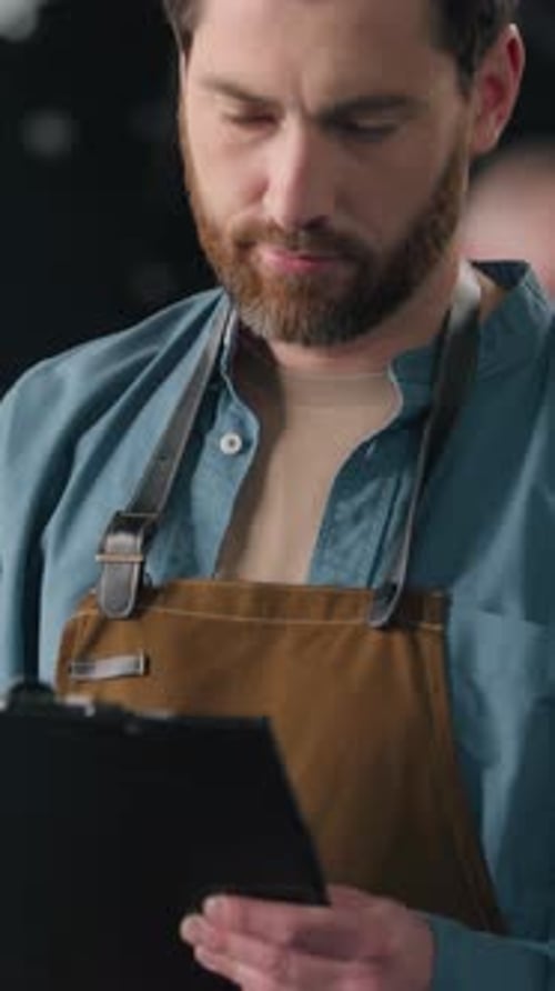 Caucasian Man Working in Factory Roasted Coffee Beans Male Inspector Check Roaster Machine Quality