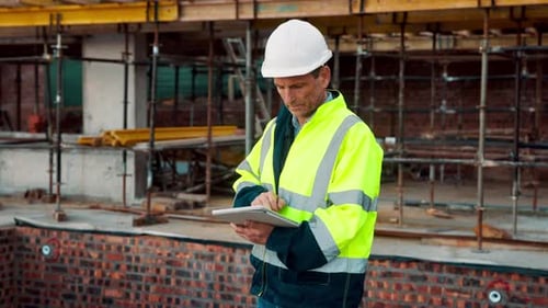 Man, engineer and tablet on construction site for inspection, compliance checklist or planning