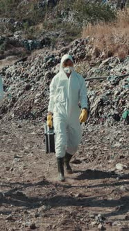 Figures in Hazmat Suits Inspect Contaminated Rural Landfill