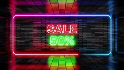 Bright Neon Sale 50 Percent Sign Animation on Brick Wall
