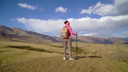 Hiker Tourist Traveler Woman Climbing Top Mountain Hiking Poles Travel Tourism Sunset Nature
