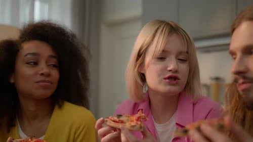 Talking Eat Multiracial Friends Indoors Party Nutrition Health Unhealthy Fast Food Delivery People