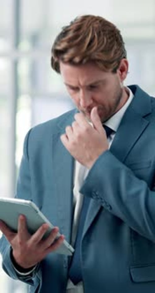 Review, thinking or man in office with tablet, schedule change or research for company pitch