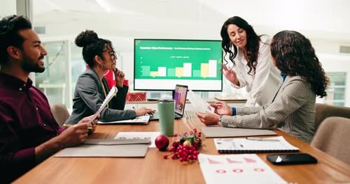 Christmas, business people or meeting with paperwork in office for sales stats, feedback or review