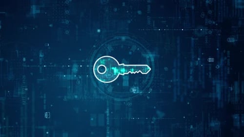 Blue digital security key logo and futuristic circle HUD with big data