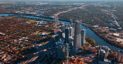 Approaching the group of high-rises in the cityscape of Austin, Texas, USA.