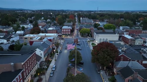 American Town Aerial View With Waving Flag