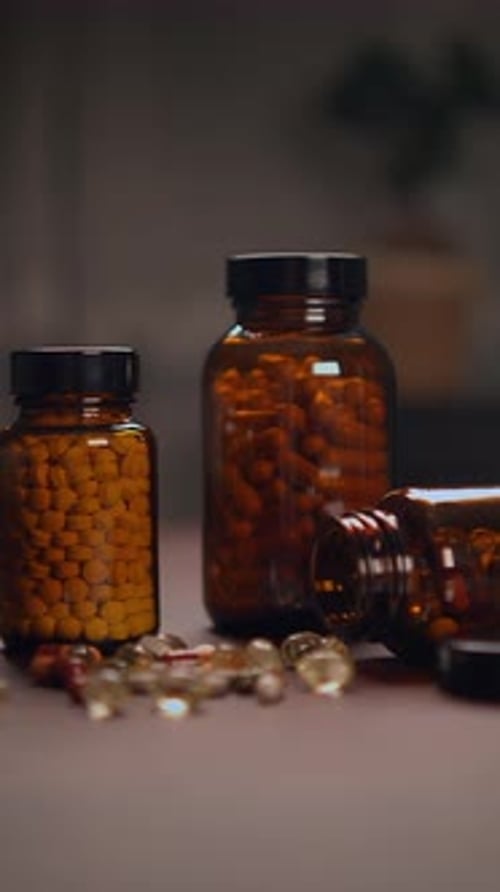 Pills and Capsules in Brown Glass Bottles