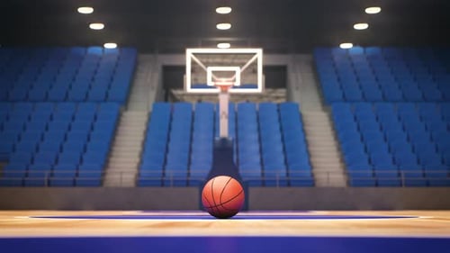 Basketballball auf dem Boden des Spielfelds der leeren Basketballarena 3D-Animation