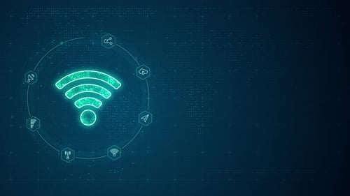 Blue digital WIFI LOGO with line connection and data transfer to futuristic technology icon