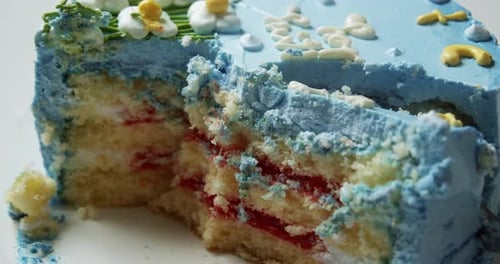 Close up of birthday cake on white plate Delicious favorite pastry. Hand cut in with a fork. in stud