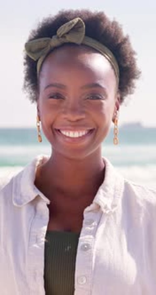 Black girl, beach and smile for vacation, portrait and happiness for travel