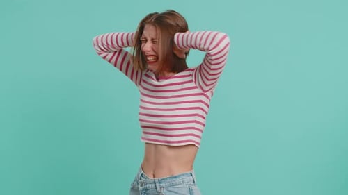 Annoyed Irritated Young Woman Covering Ears Gesturing No Avoiding Advice Ignoring Noise Loud Voices