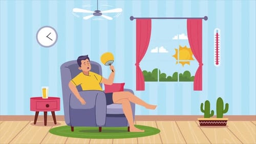 Animated Man Sweating and Fanning in Hot Room