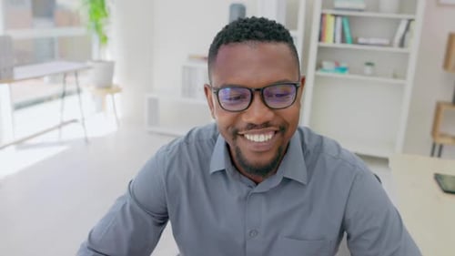 Black man, smile and working on computer in office, desk and company for online management