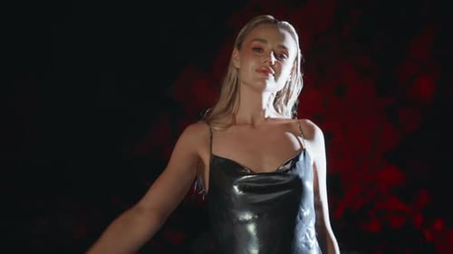 Dancing Girl Enjoying Nightlife at Dark Coast Smiling Sexy Blonde Resting Night