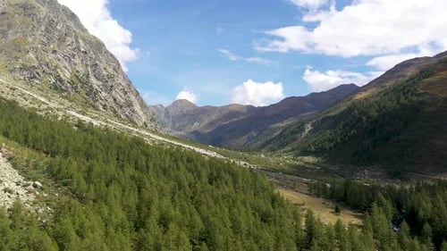 Aerial 4k Drone footage over an alpine river valley. The drone flies over pine forests and the glaci