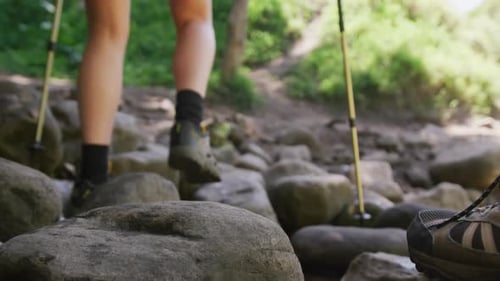 Low section of diverse couple hiking with hiking sticks in park, slow motion