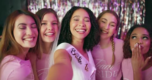 Women, bride and face with party selfie, celebration and get together for bachelorette event