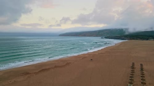 Swell Rolling Empty Beach Aerial View Cloudy Sea Coast with Foaming Ocean Waves