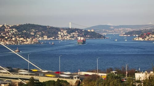 cargo ship, cargo delivery, movement of sea vessels on the Bosphorus Istanbul. container and passeng