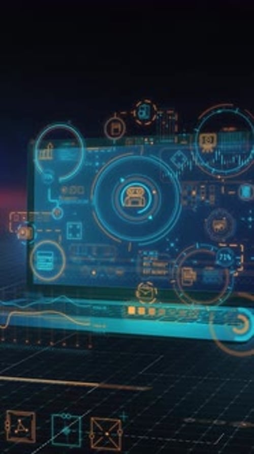 Holographic Screen Displaying Business Analysis Charts and Data Points