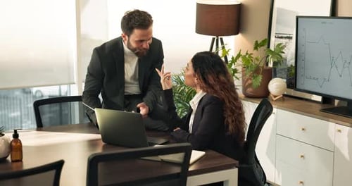 Documents, feedback and laptop with business people in corporate workplace for assistance