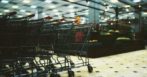 Shopping Carts Lined Up in a Grocery Store Aisle During a Busy Day