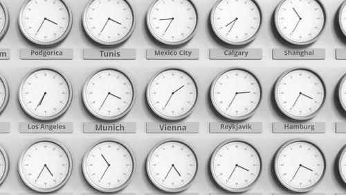 Round Clock Showing Vienna Time Within World Time Zones