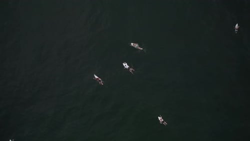 Bird’s-eye view of surfers paddling towards the waves at Santa Teresa beach in Costa Rica