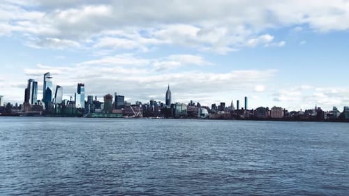 Manhattan skyline from the ferry tour at winter sunset, New York City