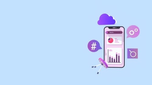 Modern 3D Animated Smartphone Showing Data and Marketing Icons