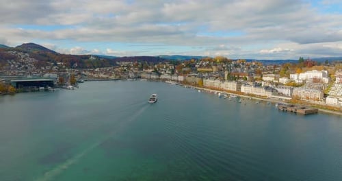 Aerial view drone of tourist passenger boat in Lake Lucerne at Luzern, Switzerland.